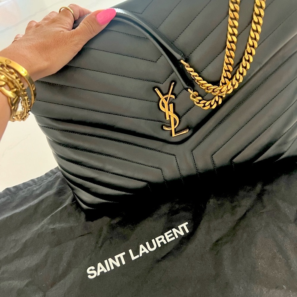 Saint Laurent Black and Gold Quilted Shoulder Bag / Crossbody Large Lou Lou